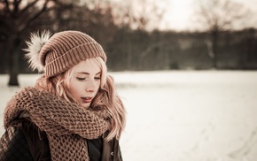 blonde, girl, scarf, winter, hat