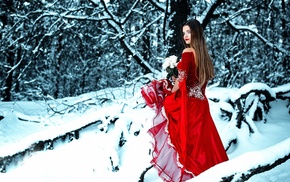 girl outdoors, trees, snow, model, girl, dress