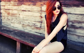 redhead, girl, sunglasses, bench