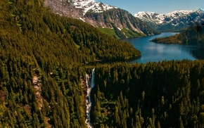nature, snowy peak, mountains, lake, Alaska, trees