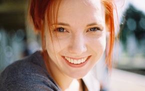 looking at viewer, face, piercing, blue eyes, redhead, smiling