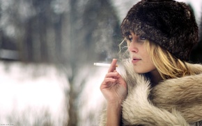 girl outdoors, smoking, girl, model, fluffy hat, blonde