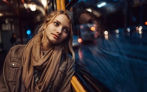 reflection, girl, blue eyes, scarf, vehicle