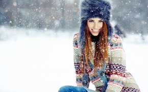 snow, winter, fluffy hat, redhead, girl, smiling