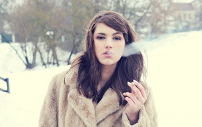 looking at viewer, girl outdoors, smoking, Caucasian, dark eyes, snow