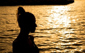 girl, silhouette, sunset, water
