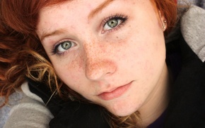 redhead, looking at viewer, freckles, blue eyes, girl