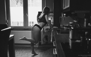 monochrome, kitchen, girl, ass, Xavier Ketelslegers, legs up