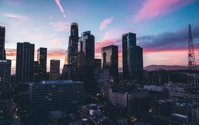 clouds, Los Angeles, skyscraper, mountains, cityscape, sunset