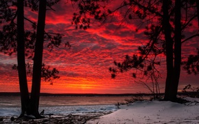 sunset, landscape, snow