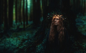 curly hair, crown, girl, forest