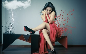 lightning, bare shoulders, legs, girl, sitting, red dress