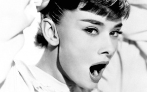 open mouth, looking at viewer, monochrome, girl, Audrey Hepburn