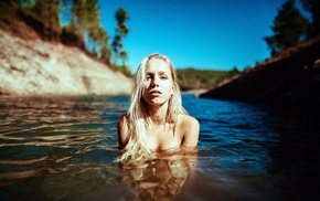 water, girl, no bra, blonde, looking at viewer