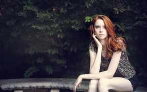 redhead, sitting, girl, blue eyes