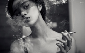 monochrome, smoking, cigarettes, Asian, veils, closed eyes