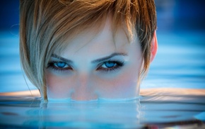 swimming pool, girl, looking at viewer, short hair, blue eyes