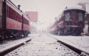 snow, depth of field, winter, railway, train