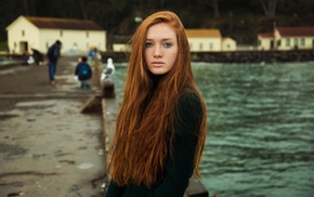blue eyes, girl, looking at viewer, redhead, freckles