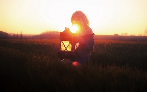 lantern, field, girl, sunlight