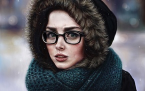 portrait, face, girl with glasses, artwork, girl