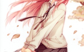 original characters, pink hair, zettai ryouiki, anime, anime girls, leaves