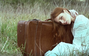 girl, girl outdoors, suitcase, model, freckles, redhead
