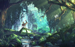 forest, Hayao Miyazaki, Ashitaka, elk, Princess Mononoke, Kodama