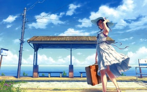 sky, suitcase, dress, sea, anime girls, utility pole