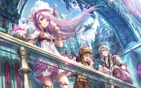 city, sky, original characters, pink hair, ice cream, anime