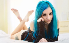 model, blue hair, nose rings, piercing, Saria Suicide, pierced nose