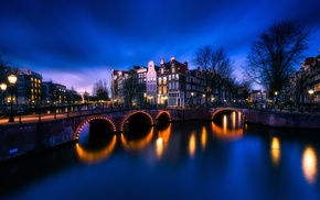 Netherlands, cityscape, lights, street light, dusk, reflection
