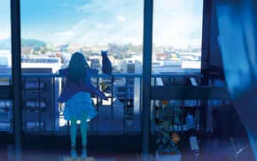 sky, cat, window, city, balcony, anime