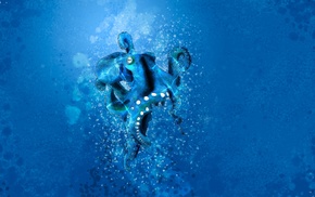 paint in water, octopus, blue, painting