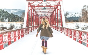 bridge, winter, girl, stockings, knee, highs