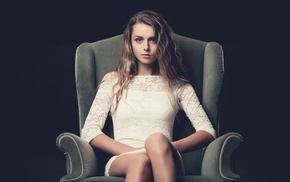 chair, blue eyes, girl, looking at viewer, sitting, dress