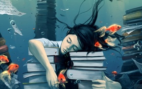 fantasy girl, drawing, psychedelic, books, closed eyes, artwork