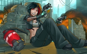 short hair, gun, grenades, weapon, artwork, girl