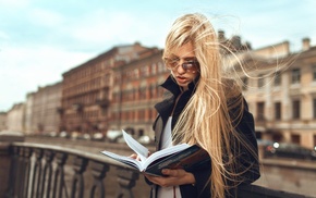 model, girl with glasses, books, girl