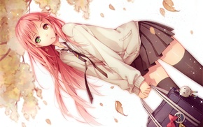 zettai ryouiki, anime, pink hair, heterochromia, leaves, original characters