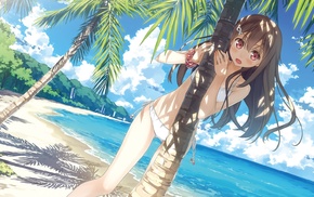 anime, Togawa Mayu, blushing, palm trees, sky, bikini