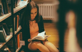 girl, library, reading