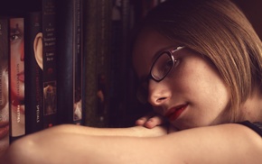 girl, glasses, library