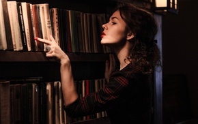 library, girl, curly hair