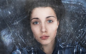 looking at viewer, blue eyes, girl, ice