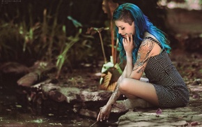 dyed hair, dress, long hair, girl outdoors, depth of field, tattoo