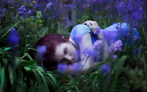 model, blue dress, redhead, depth of field, girl, field