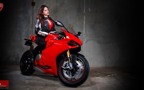 girl with bikes, motorcycle, Ducati 1199
