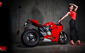 motorcycle, tight clothing, girl with bikes, hands on head, red heels, high heels