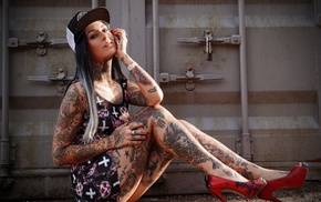 tattoo, high heels, model, girl, hat